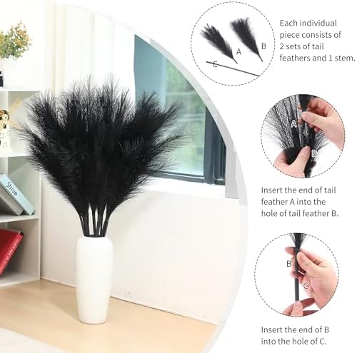 9 Stems Black Artificial Pampas Grass - 38 Inch Tall Decor