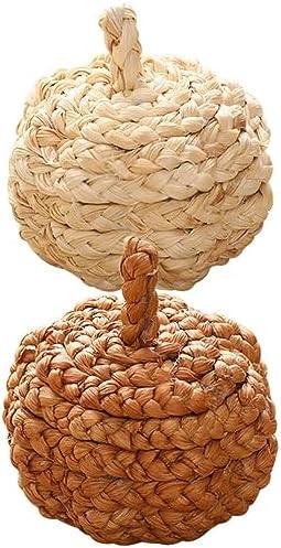 HOMSFOU 2pcs Handmade Straw Woven Pumpkin Ornaments Fall Decor