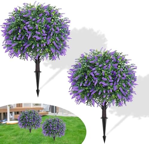 Set of 2 Artificial Lavender Boxwood Topiary Faux Shrubs