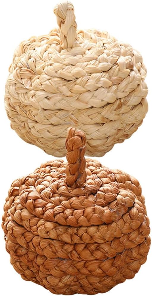 HOMSFOU 2pcs Handmade Straw Woven Pumpkin Ornaments Fall Decor