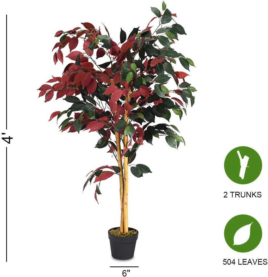 COSTWAY Artificial Ficus Tree in Pot Green Red