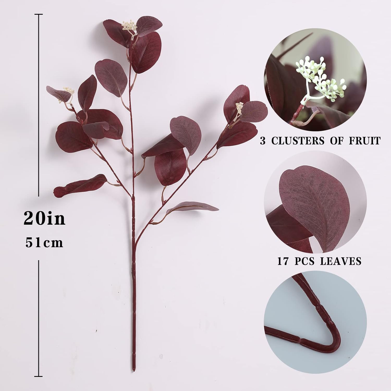 20 Inch Artificial Eucalyptus Stems with Berries 12Pcs Burgundy