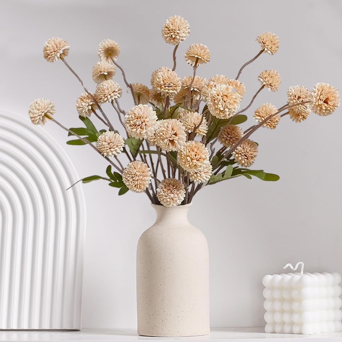 10 Pcs Artificial Mums With Long Stems Beige