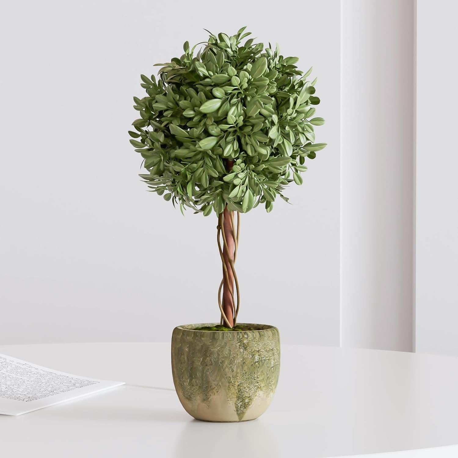 Fake Plant Boxwood Trees 13 Inch Artificial Topiary with Concrete Pots