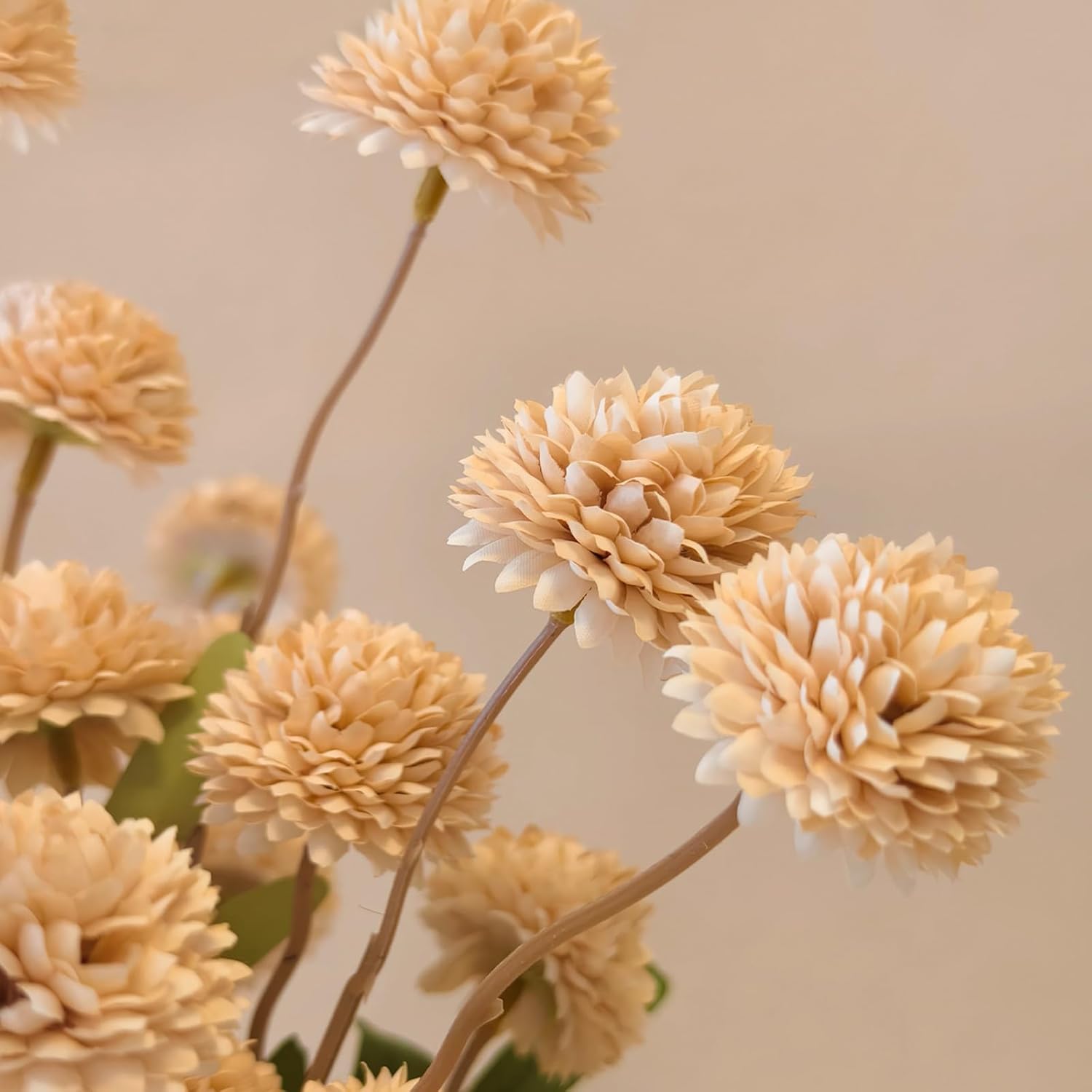 10 Pcs Artificial Mums With Long Stems Beige