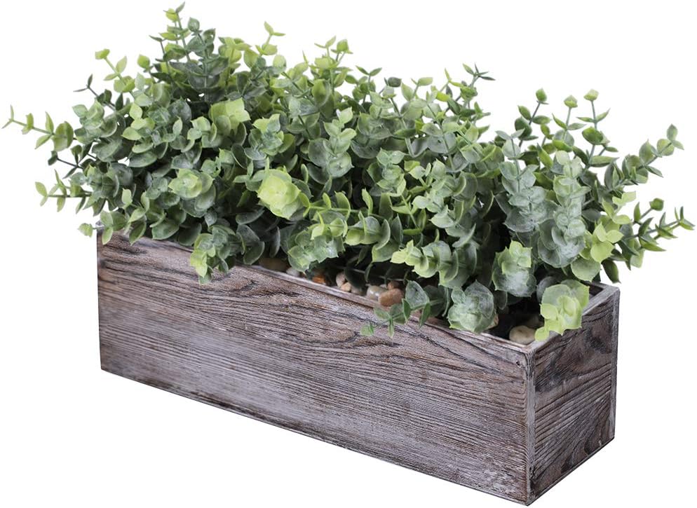 Winlyn Faux Eucalyptus Plants in Rustic Rectangular Wood Planter Box