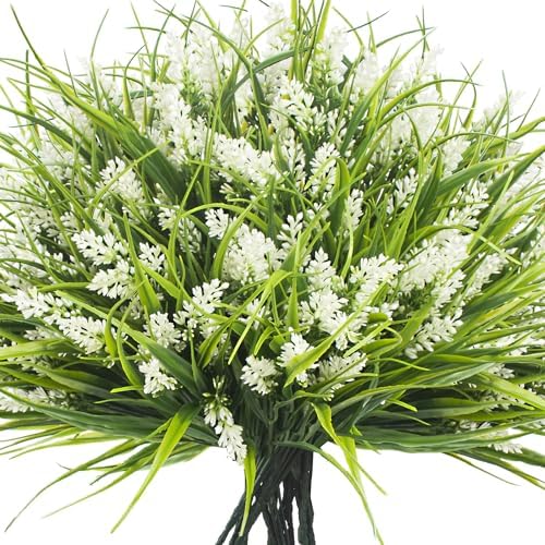 20 Bundles Artificial Plants Outdoor Fake Monkey Grass with Flowers White