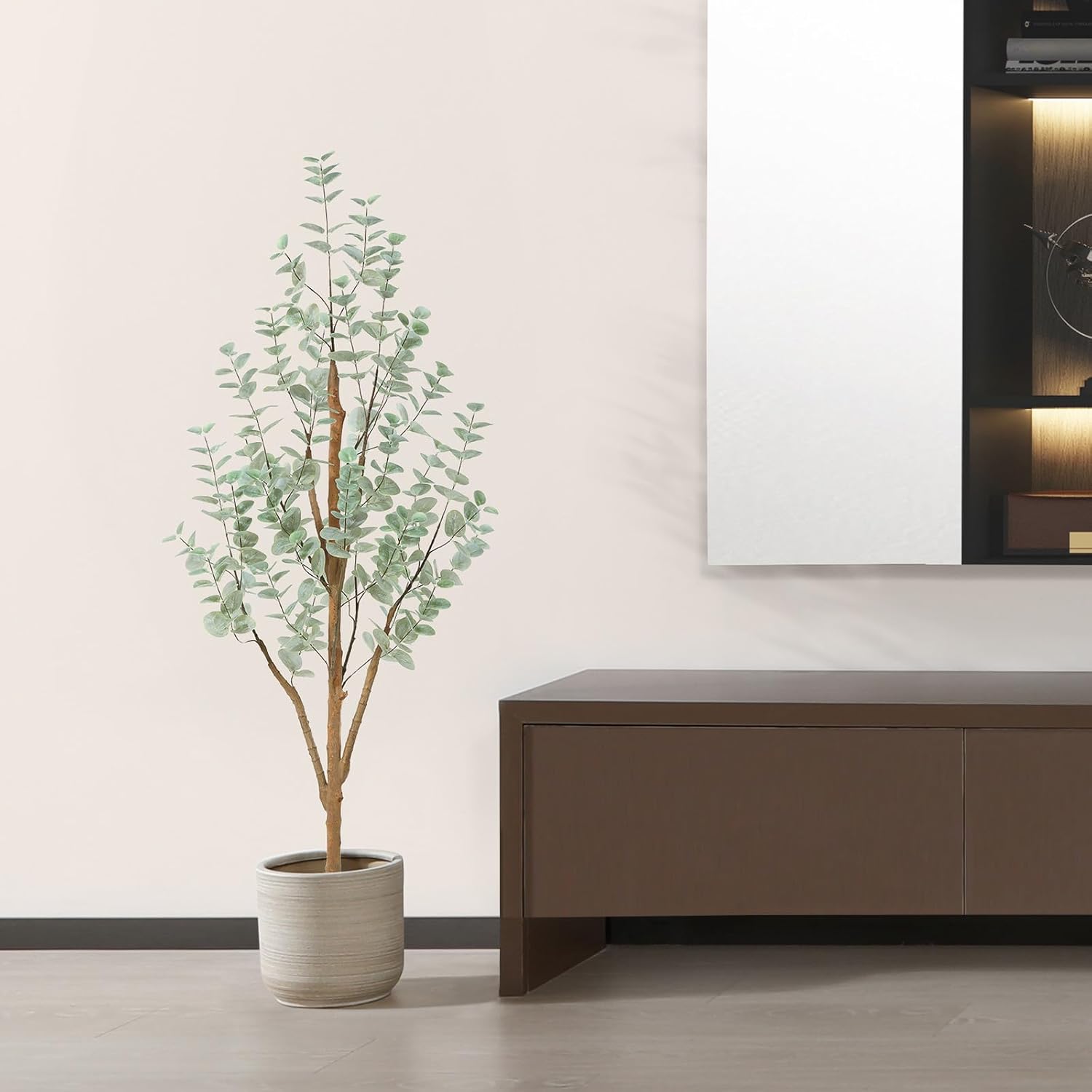 PISKOAN 4ft Artificial Eucalyptus Tree with Natural Wood Trunk and Lifelike Leaves
