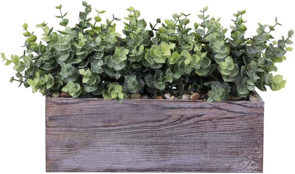 Winlyn Faux Eucalyptus Plants in Rustic Rectangular Wood Planter Box