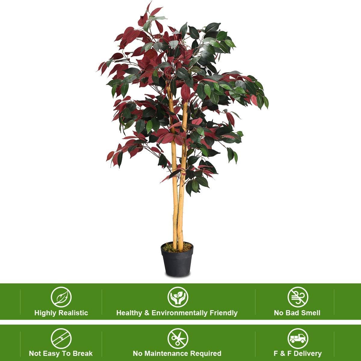COSTWAY Artificial Ficus Tree in Pot Green Red