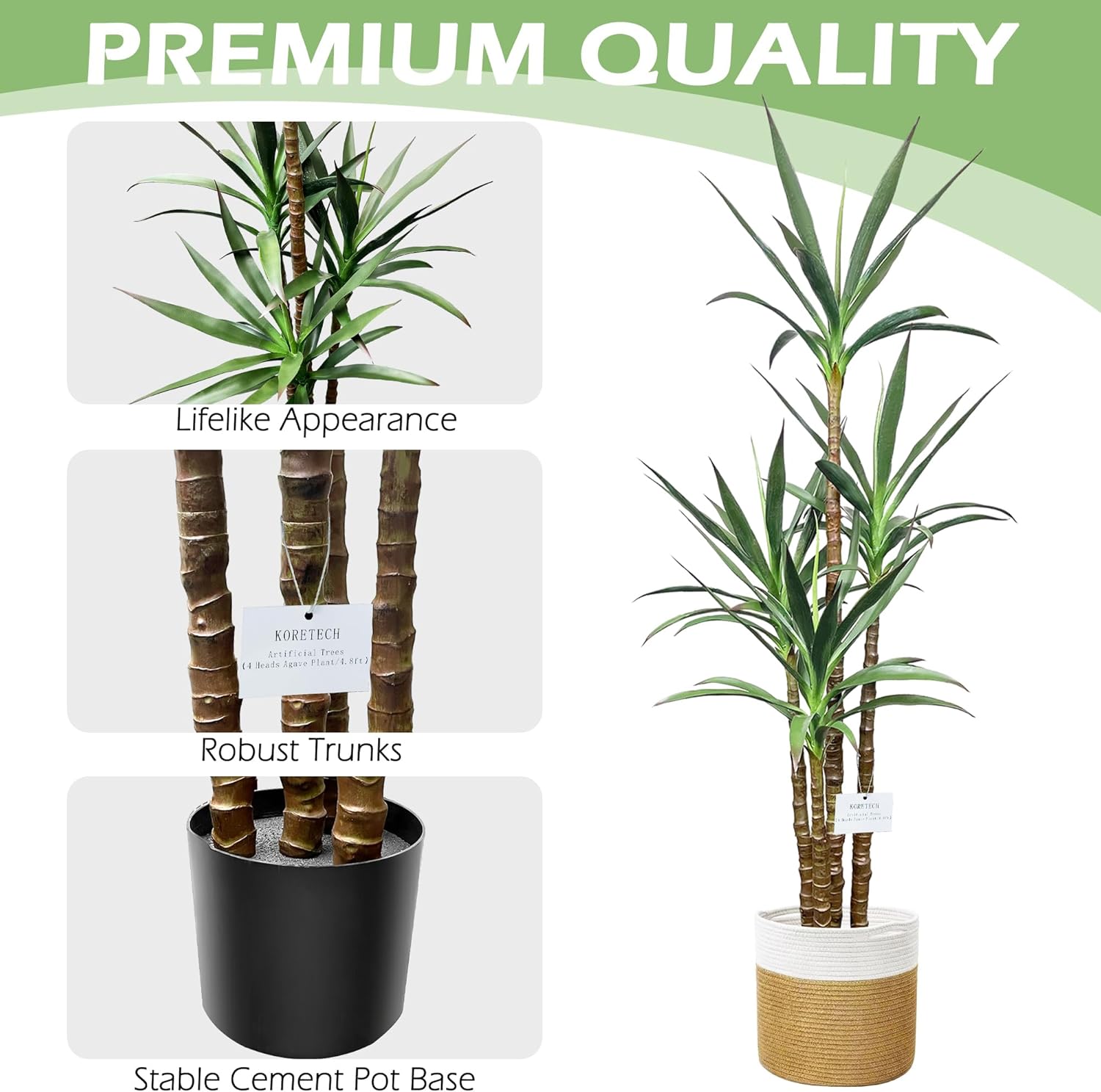 Koretech Artificial Trees 48ft Faux Agave Plants 4 Trunks with Pot