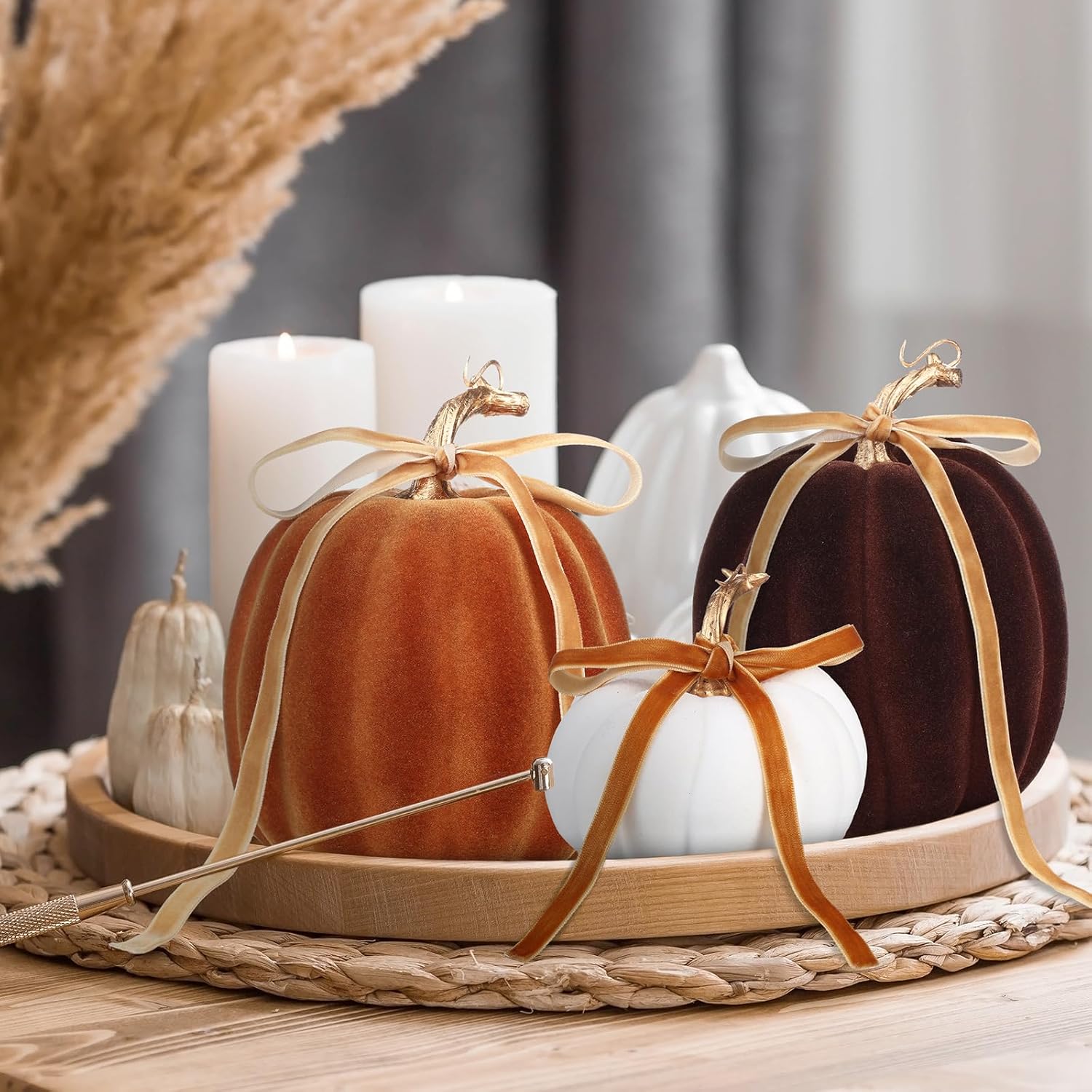 Wesiti 3 Pack Artificial Flocked Pumpkins for Fall Decor