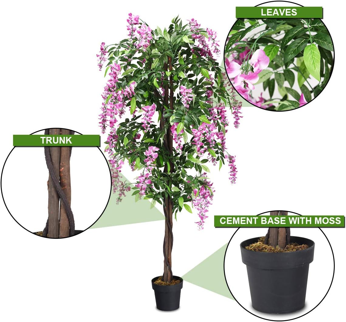 Goplus 6FT Ficus Artificial Tree with Realistic Wisteria Bloom