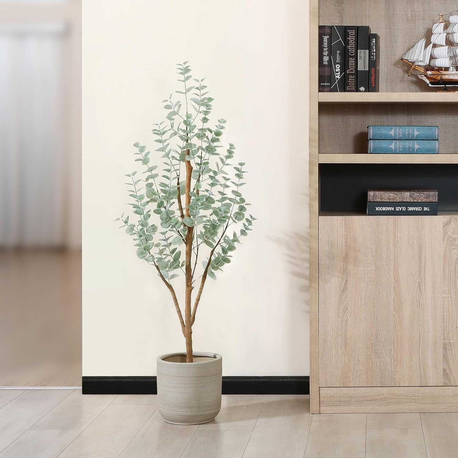 PISKOAN 4ft Artificial Eucalyptus Tree with Natural Wood Trunk and Lifelike Leaves