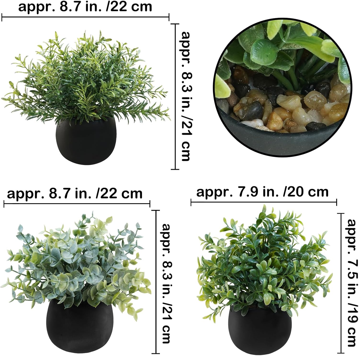 Winlyn Set of 3 Small Artificial Plants in Black Concrete Pots