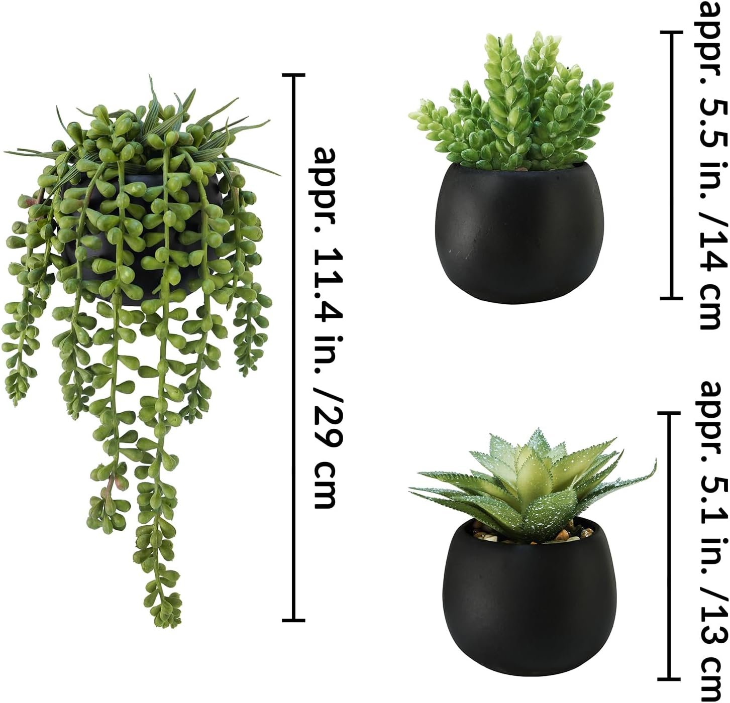 Winlyn Set of 3 Artificial Succulents in Black Planters