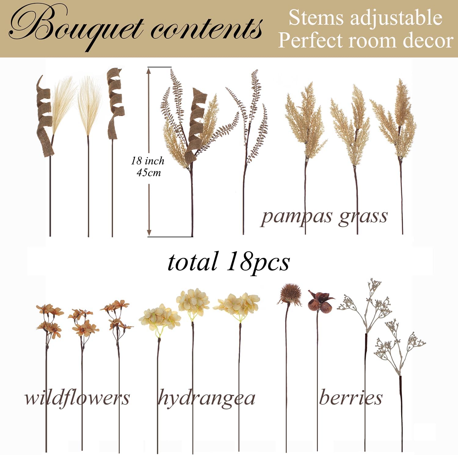 18Pcs Boho Faux Fall Dried Pampas Grass and Silk Hydrangea Bouquets