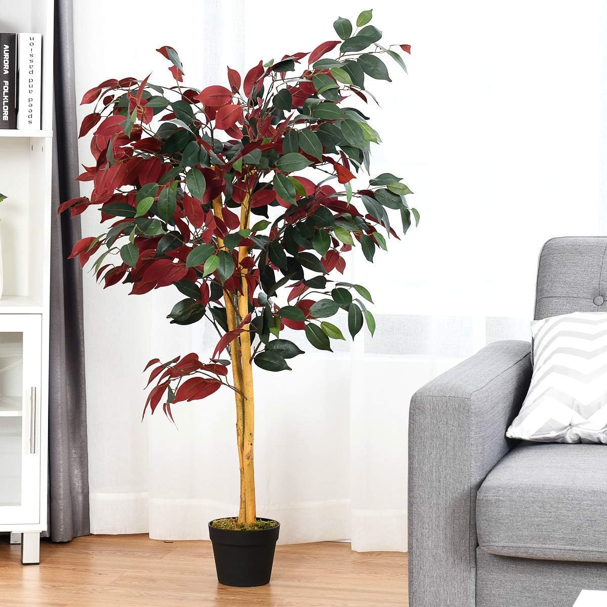 COSTWAY Artificial Ficus Tree in Pot Green Red