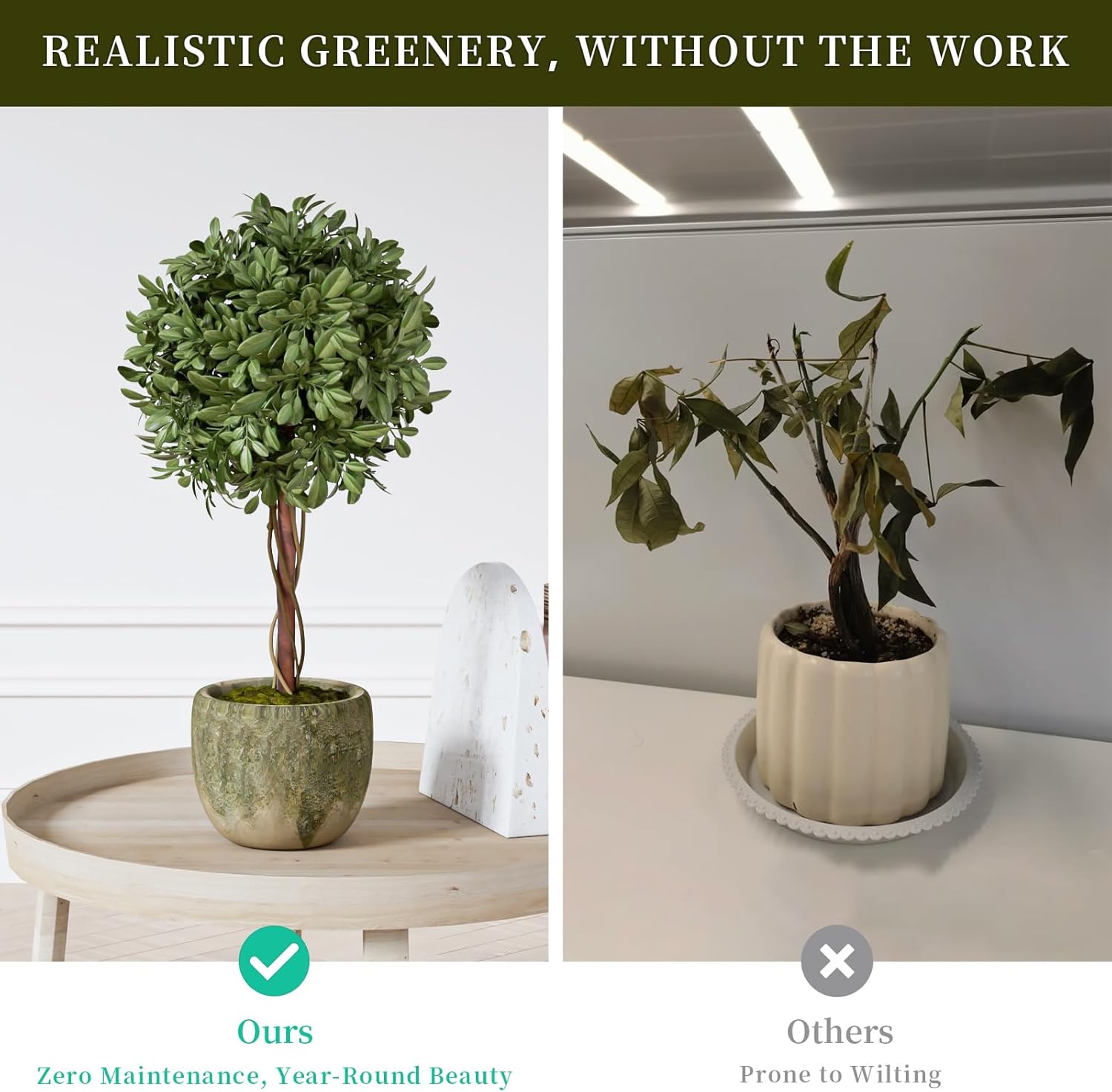 Fake Plant Boxwood Trees 13 Inch Artificial Topiary with Concrete Pots