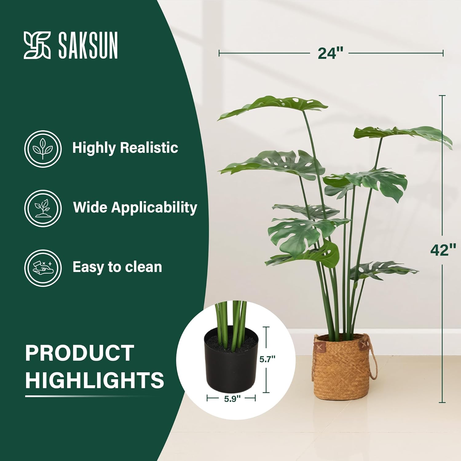 Saksun 35ft Artificial Monstera Deliciosa Plant with Pot