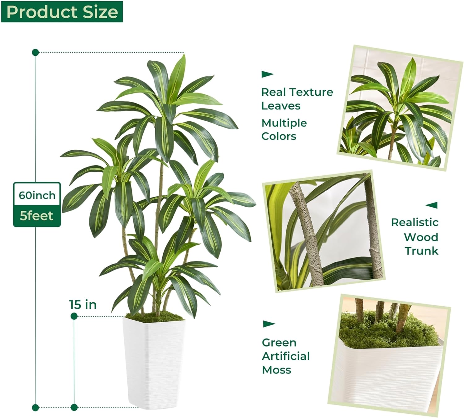 5FT Artificial Dracaena Tree with White Planter and Green Moss