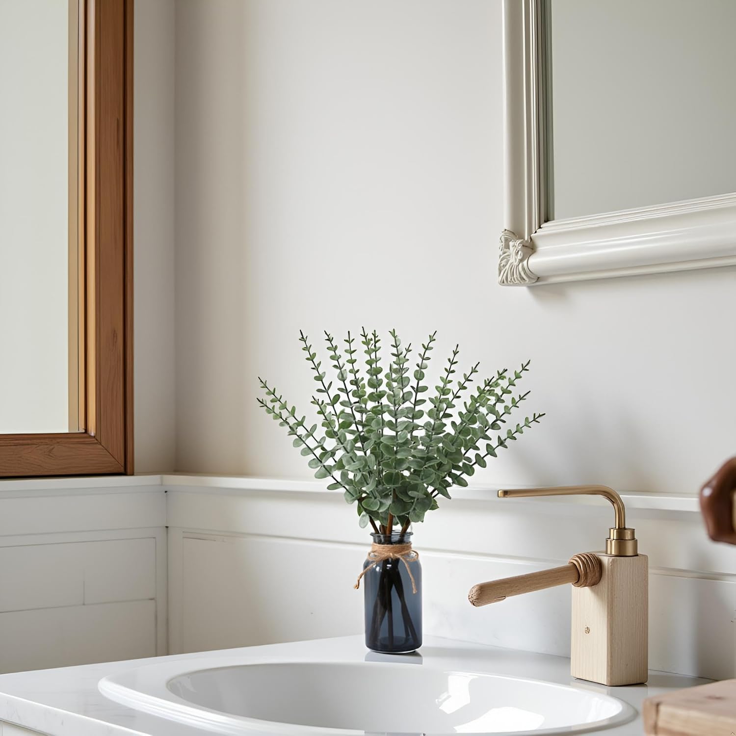 Leftover 188 Inch Artificial Eucalyptus in Black Glass Vase