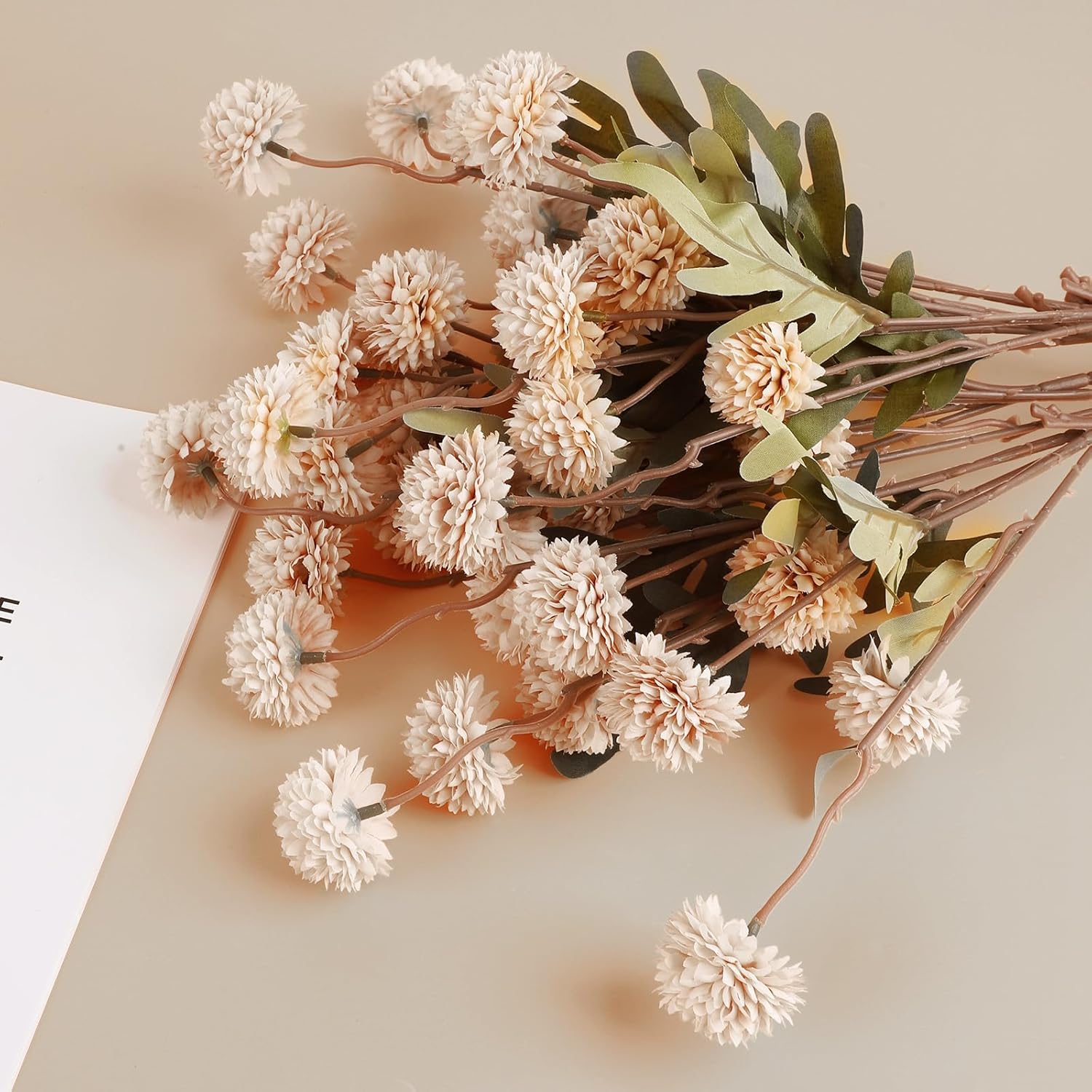 Beige Pompon Mums Artificial Flowers 8pcs Set