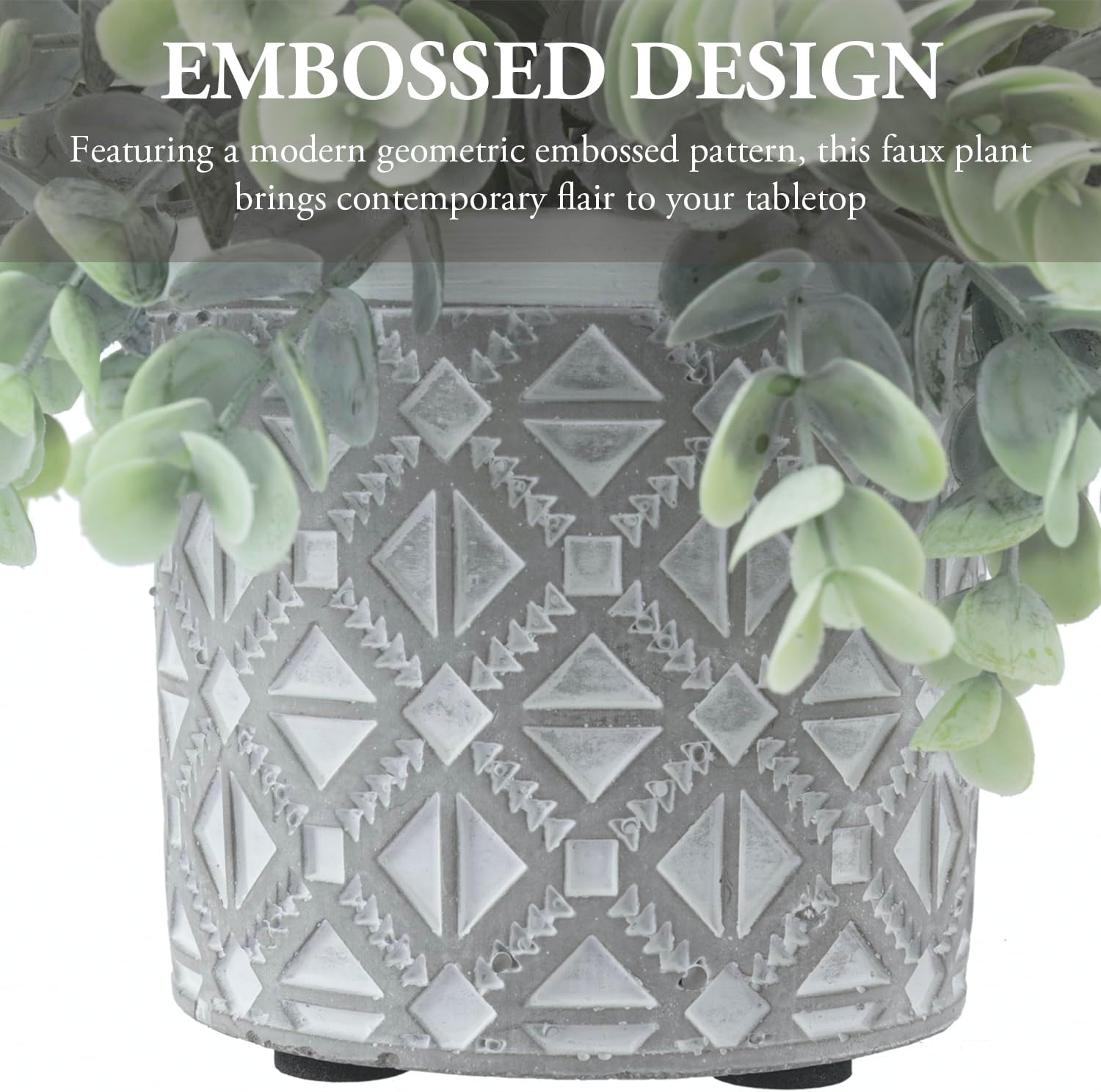 MyGift Artificial Eucalyptus Plant in Modern Gray Concrete Pot with Geometric Design