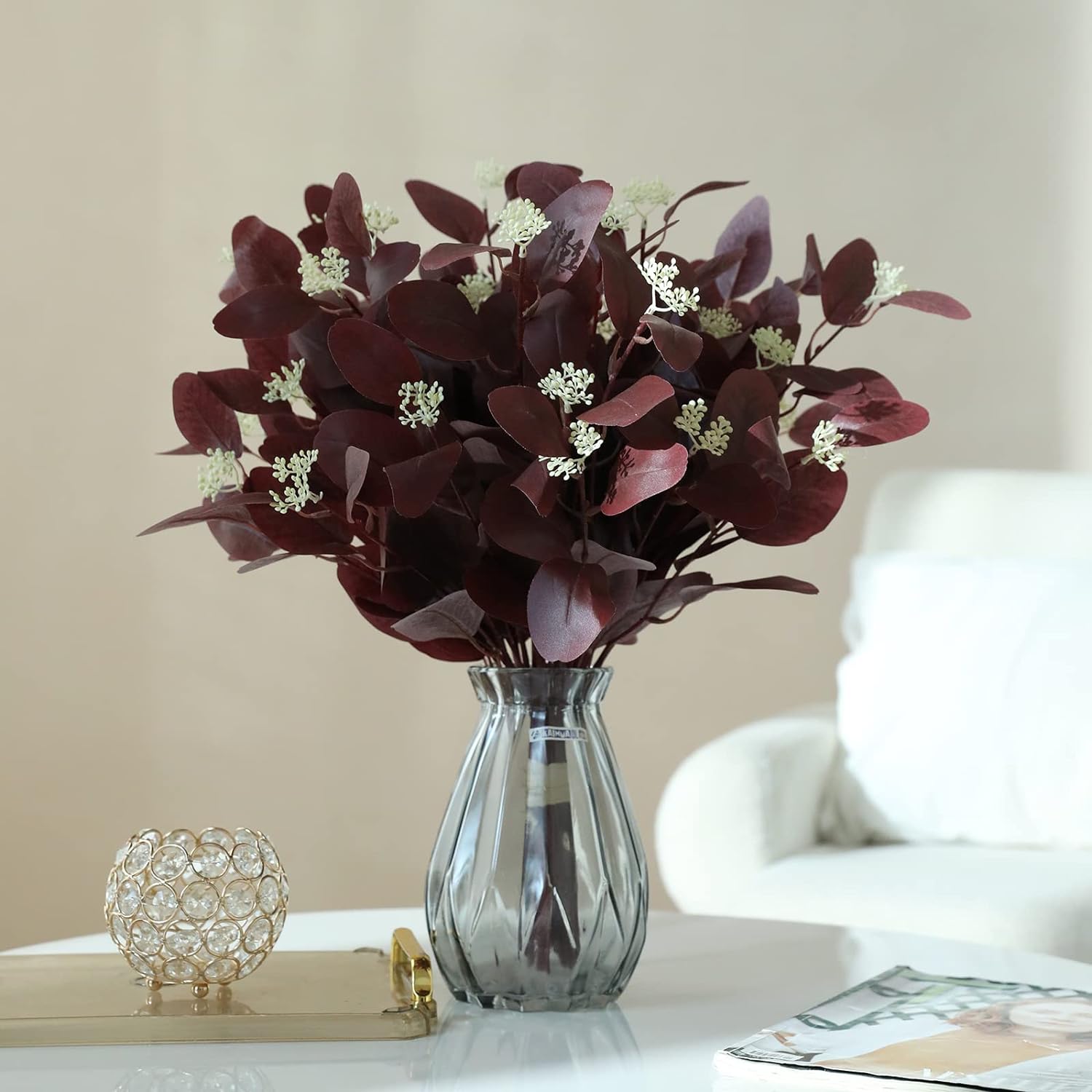 20 Inch Artificial Eucalyptus Stems with Berries 12Pcs Burgundy