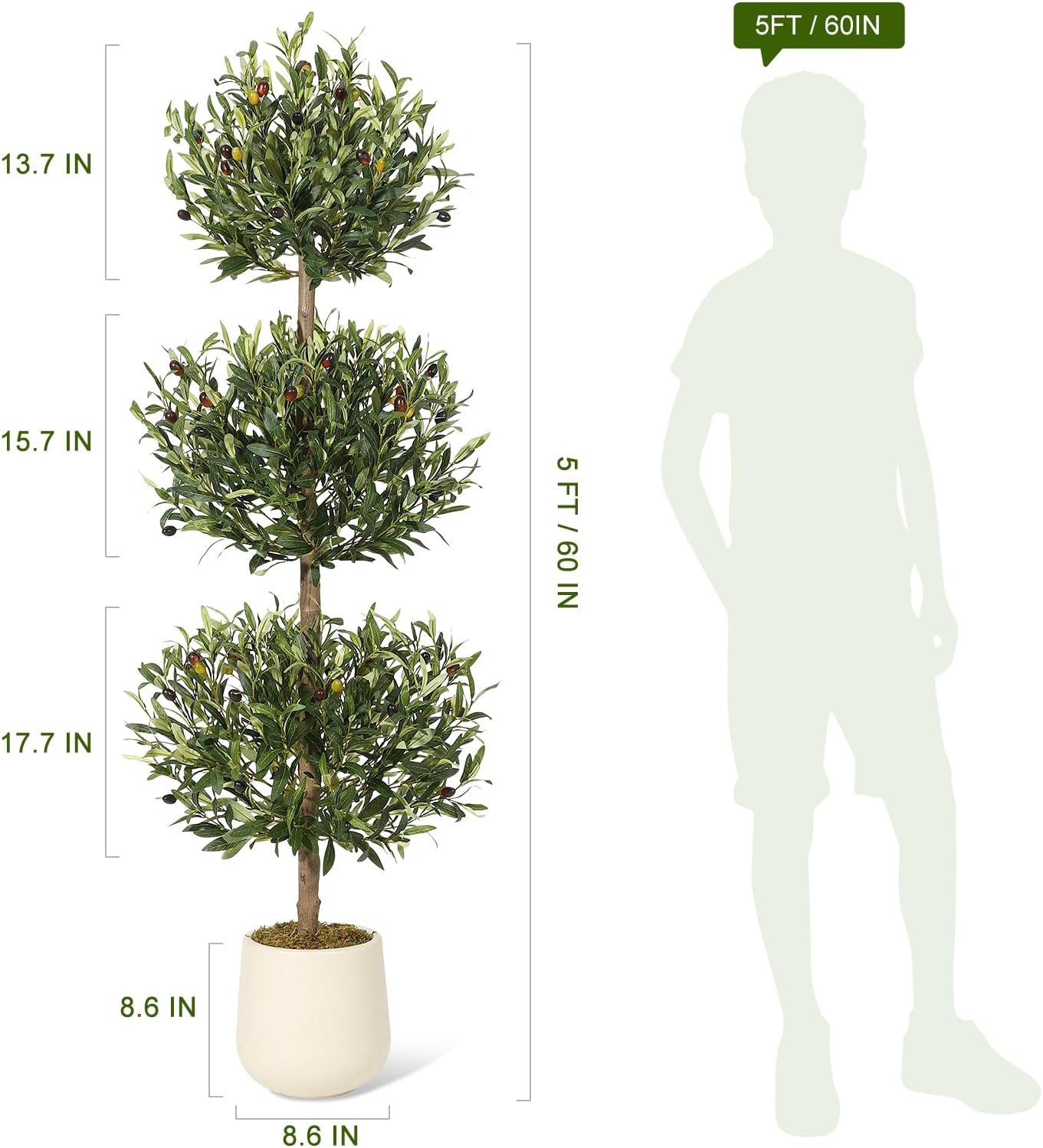5FT Artificial Olive Triple Ball Topiary Trees with Moss and Inner Pot