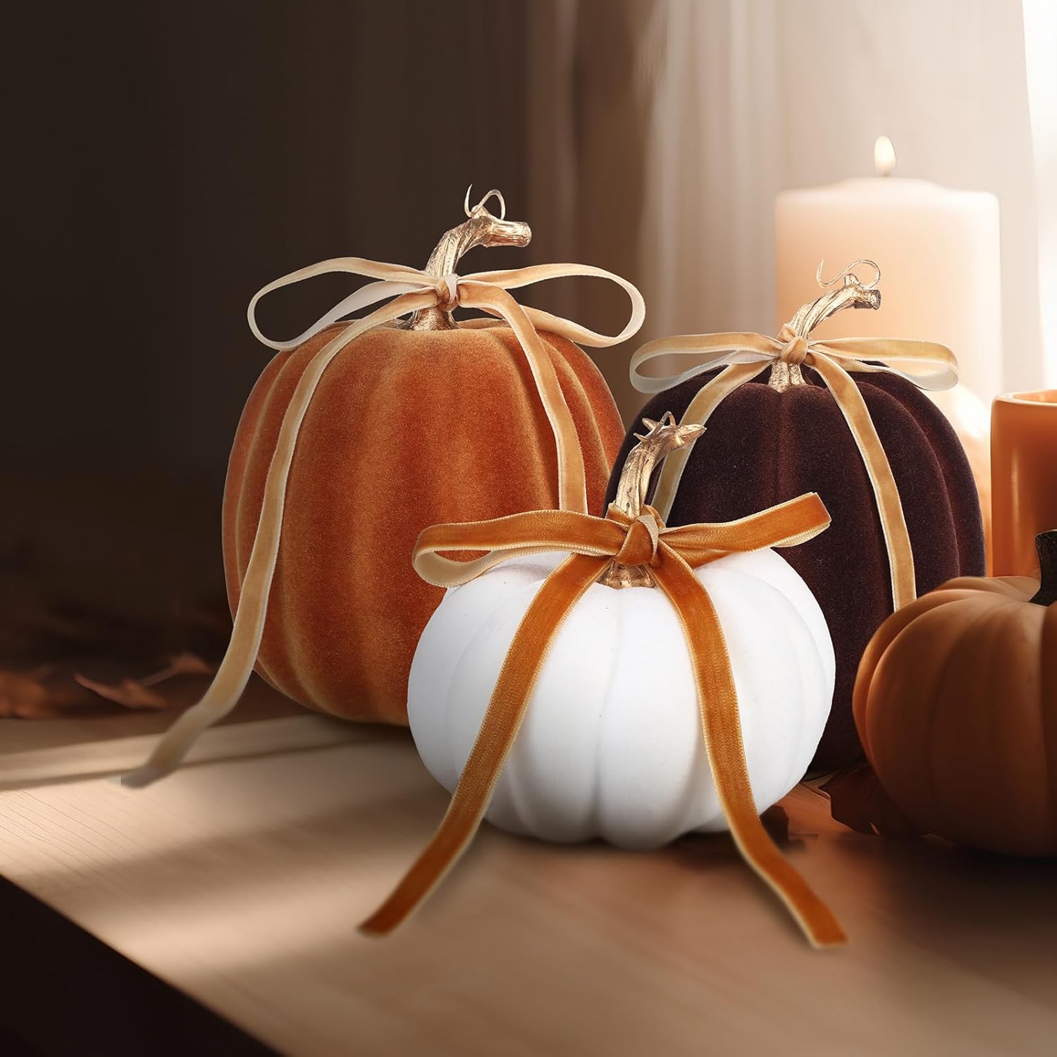Wesiti 3 Pack Artificial Flocked Pumpkins for Fall Decor