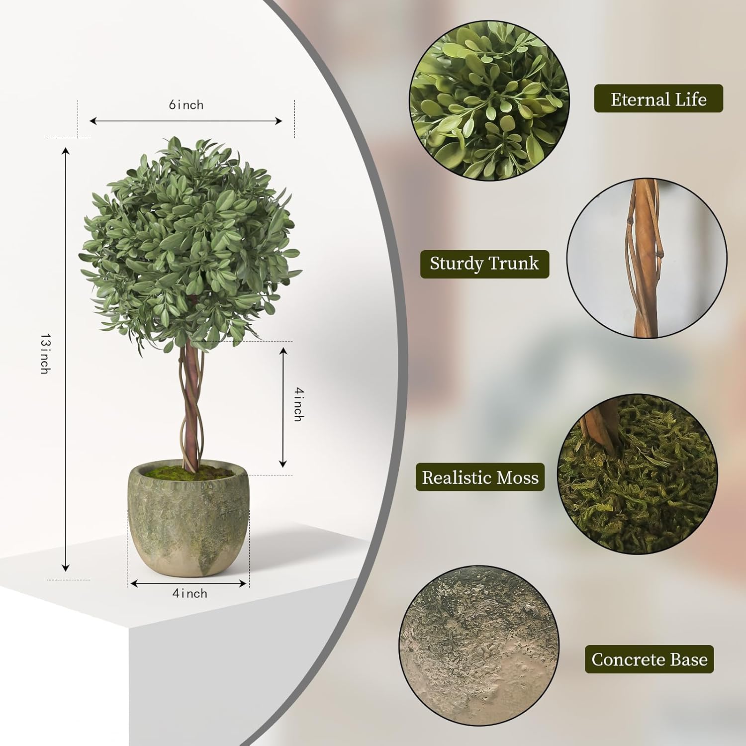 Fake Plant Boxwood Trees 13 Inch Artificial Topiary with Concrete Pots