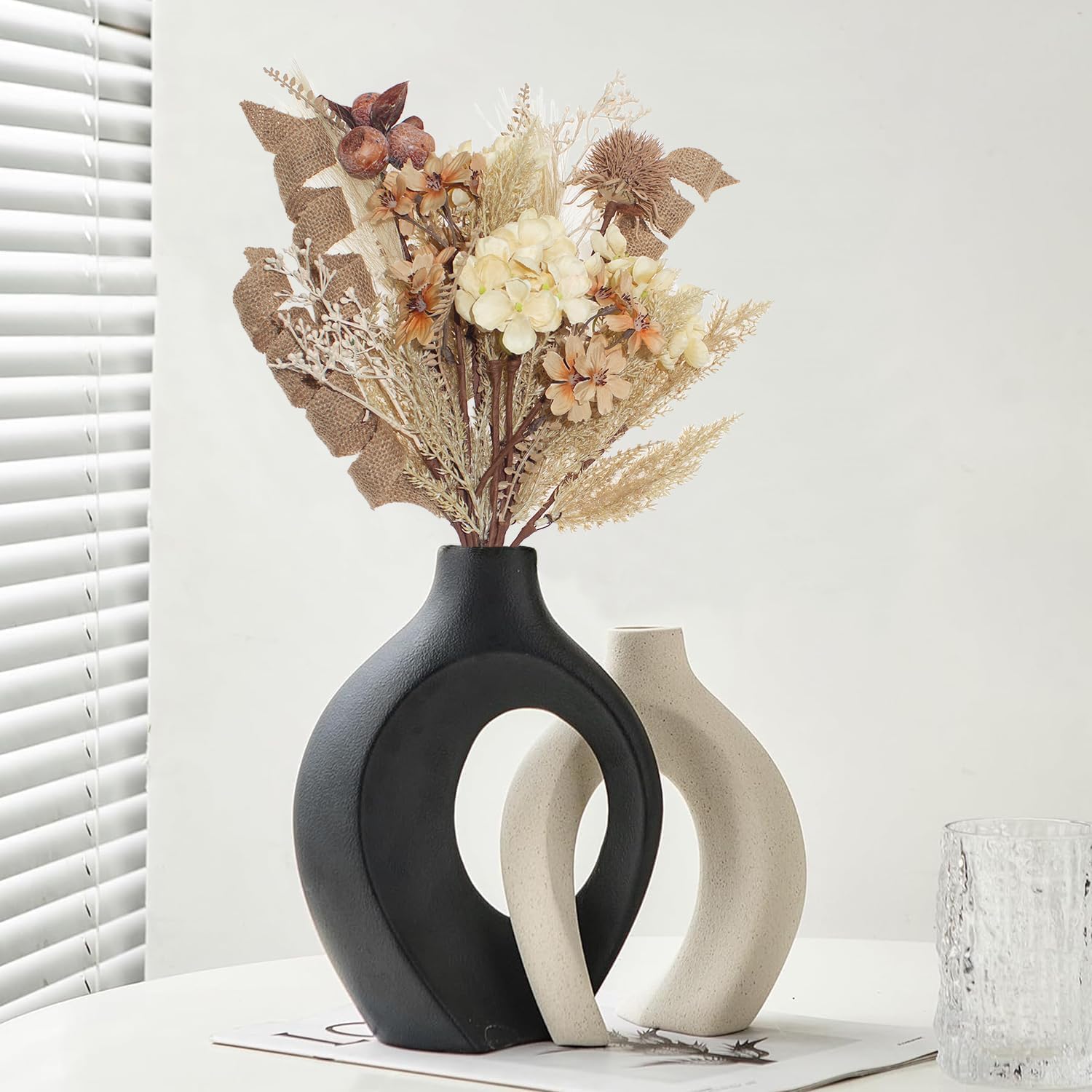 18Pcs Boho Faux Fall Dried Pampas Grass and Silk Hydrangea Bouquets