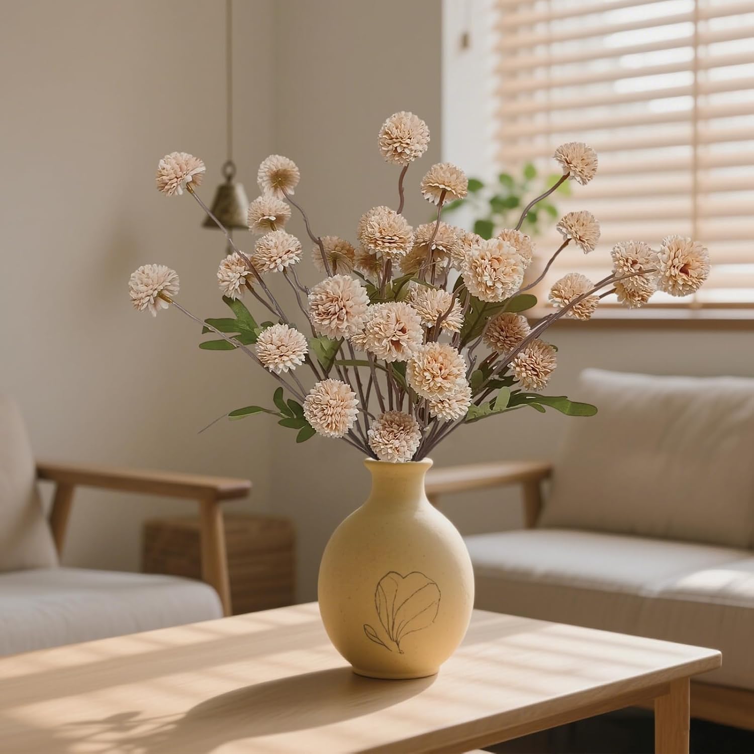 10 Pcs Artificial Mums With Long Stems Beige