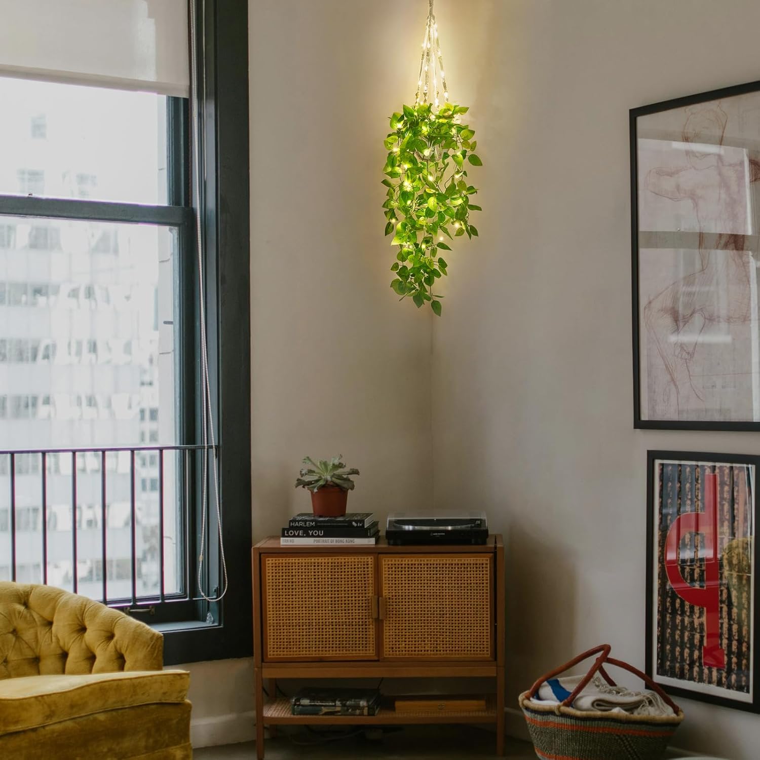 Mkono Fake Hanging Plant with Lights for Home Decor
