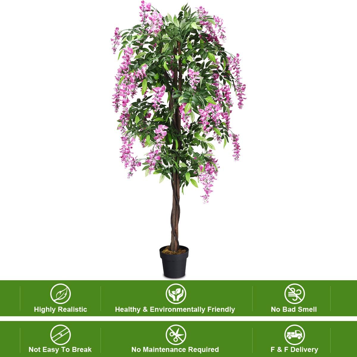 Goplus 6FT Ficus Artificial Tree with Realistic Wisteria Bloom