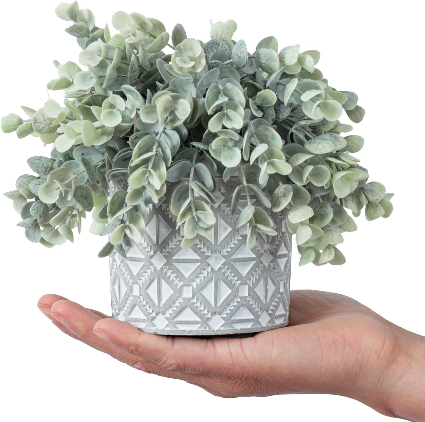 MyGift Artificial Eucalyptus Plant in Modern Gray Concrete Pot with Geometric Design
