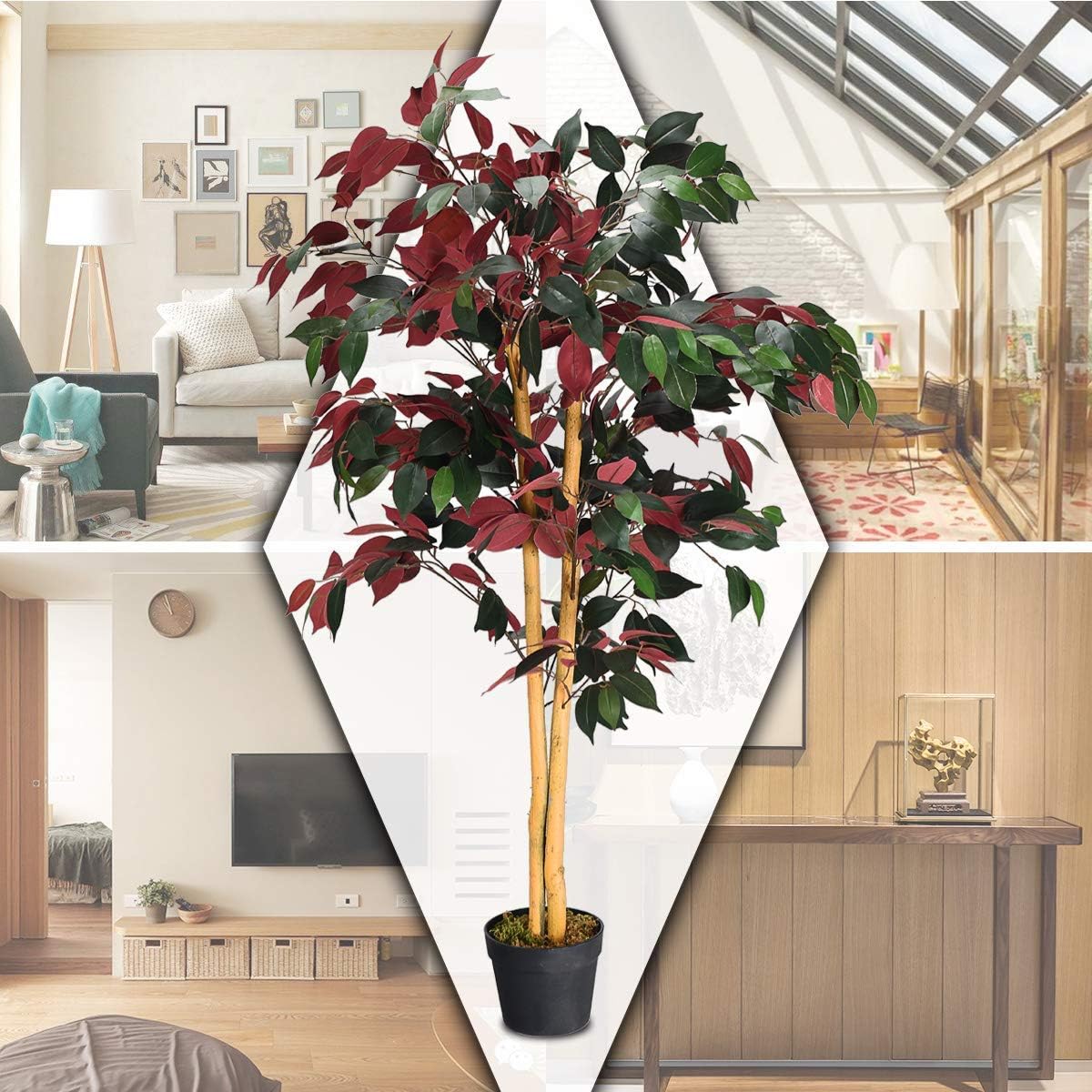 COSTWAY Artificial Ficus Tree in Pot Green Red