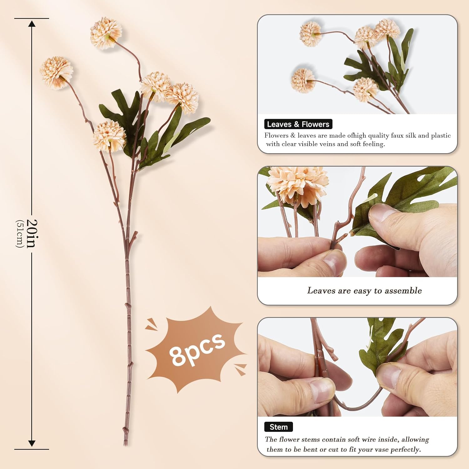 Beige Pompon Mums Artificial Flowers 8pcs Set