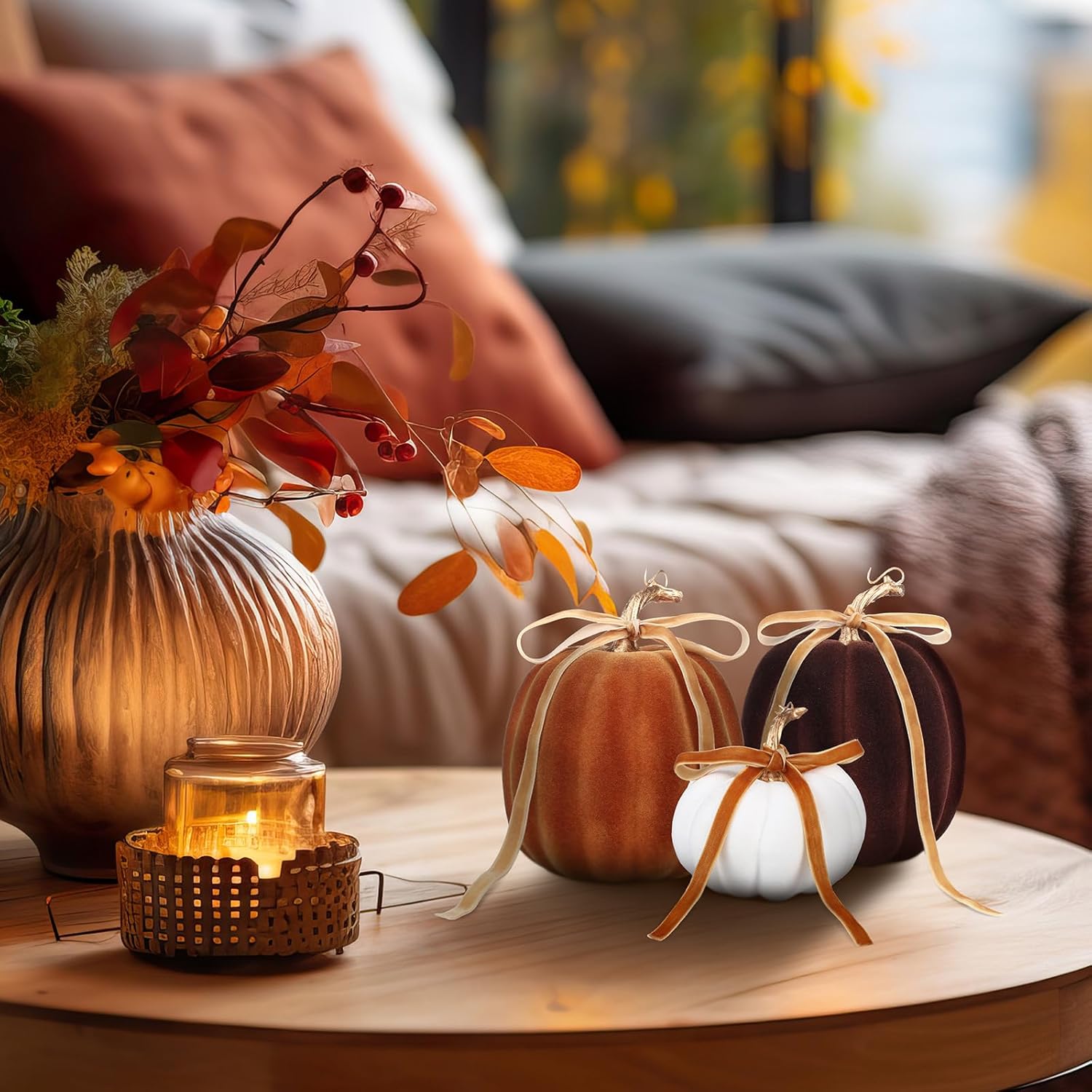 Wesiti 3 Pack Artificial Flocked Pumpkins for Fall Decor