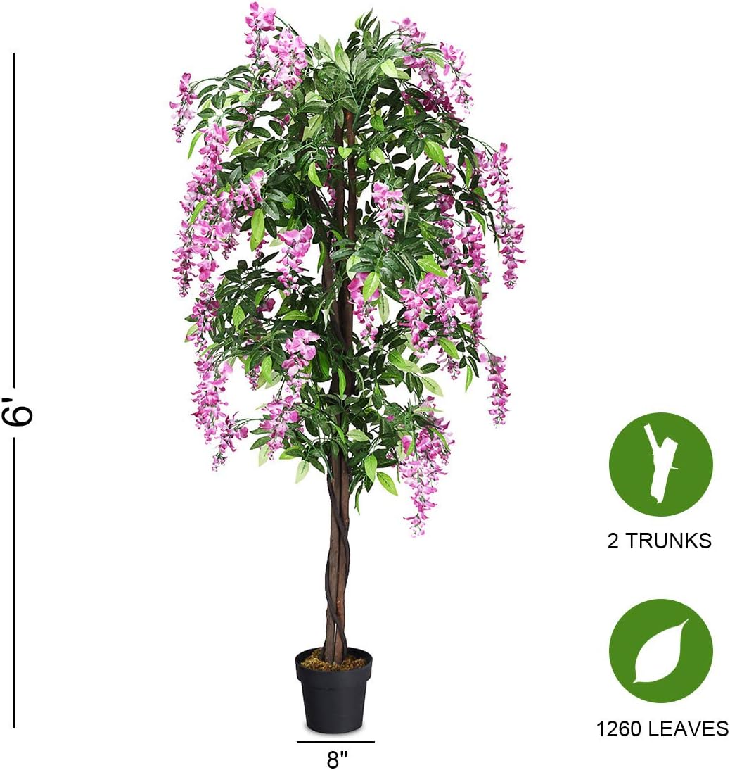 Goplus 6FT Ficus Artificial Tree with Realistic Wisteria Bloom