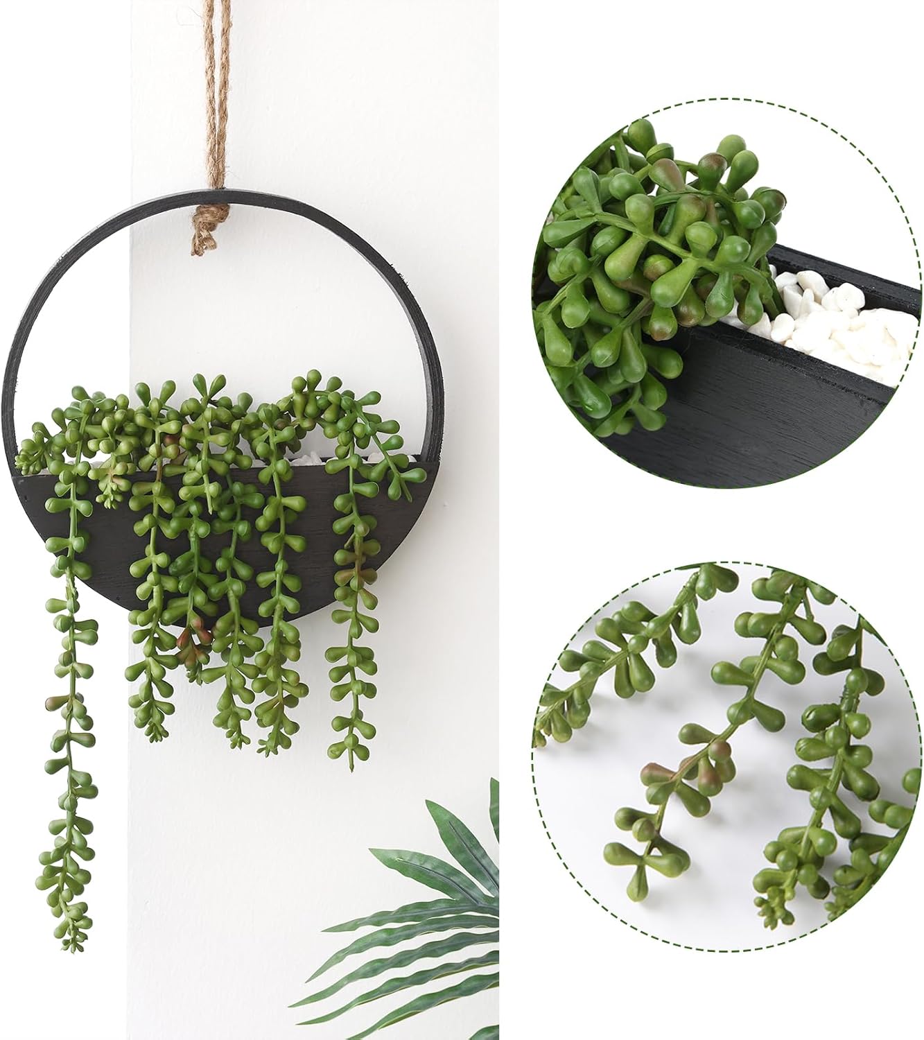 CEWOR 2pcs Artificial Hanging Succulent Plants Black Boho Wall Decor