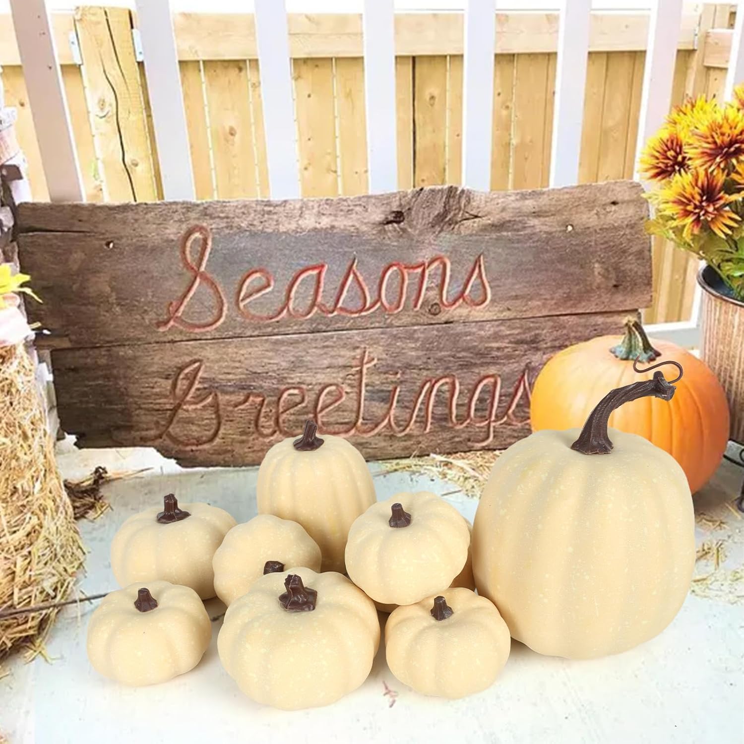 9PCS Cream Artificial Pumpkin Decor Set for Fall