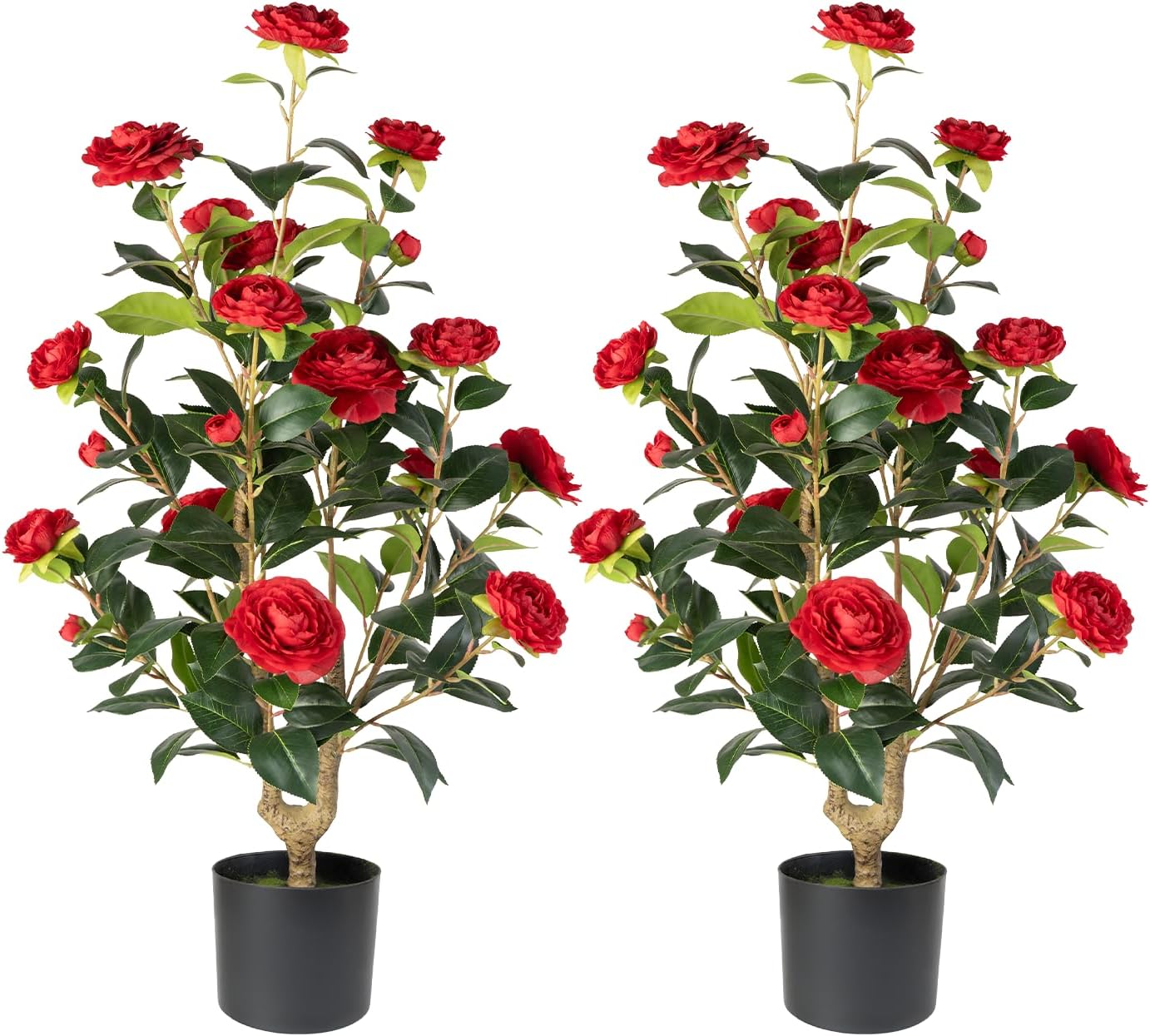 Artificial Camellia Tree Set of 2 - Red Flowers Realistic Design