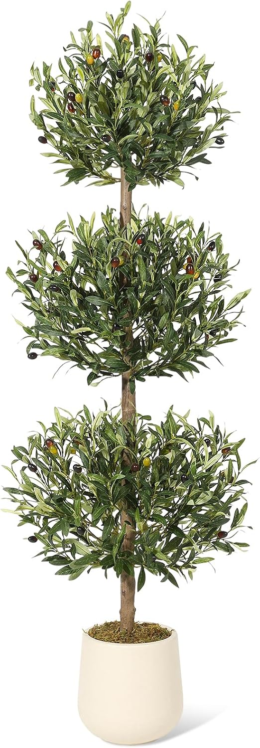 5FT Artificial Olive Triple Ball Topiary Trees with Moss and Inner Pot