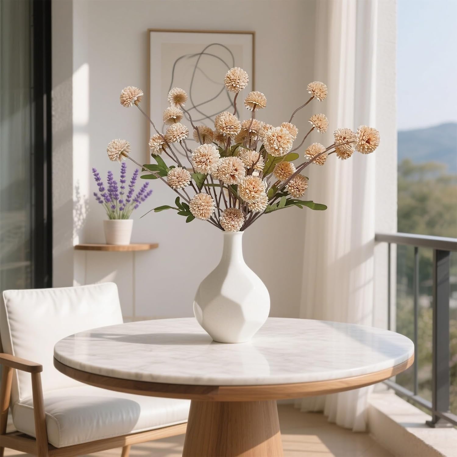 10 Pcs Artificial Mums With Long Stems Beige