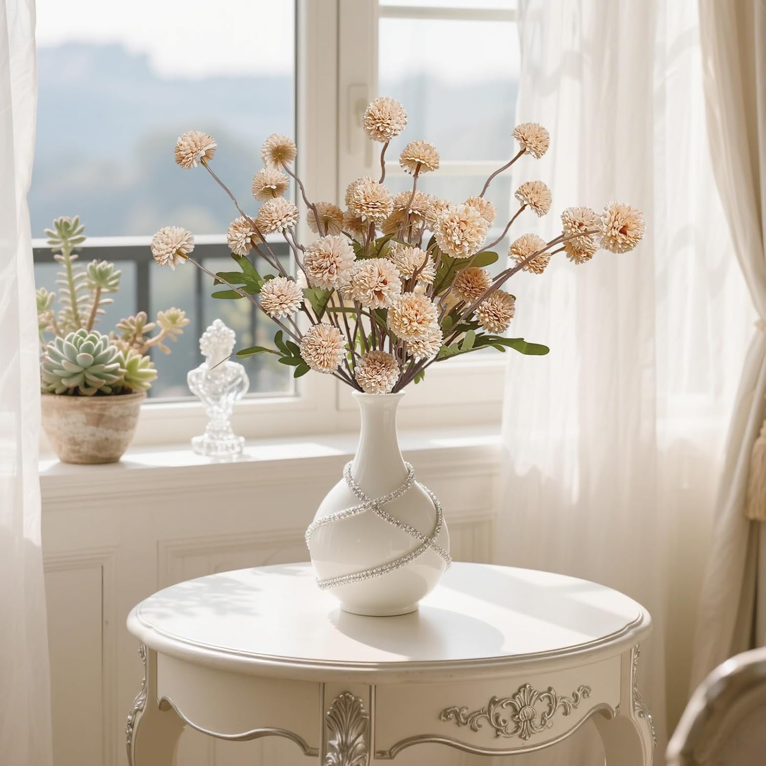 10 Pcs Artificial Mums With Long Stems Beige