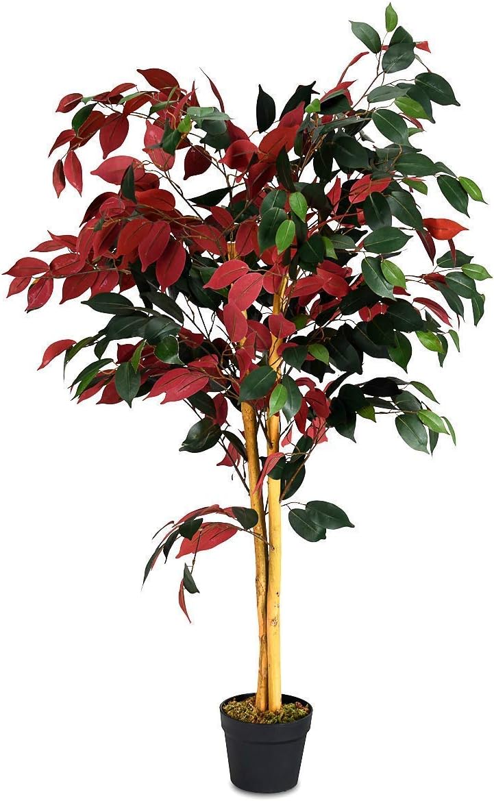 COSTWAY Artificial Ficus Tree in Pot Green Red