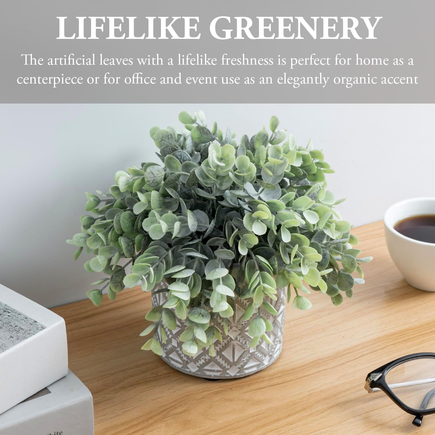 MyGift Artificial Eucalyptus Plant in Modern Gray Concrete Pot with Geometric Design
