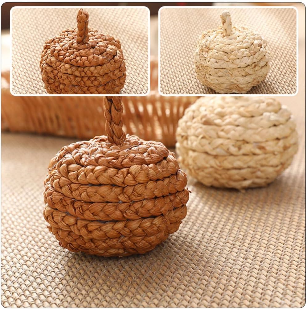 HOMSFOU 2pcs Handmade Straw Woven Pumpkin Ornaments Fall Decor